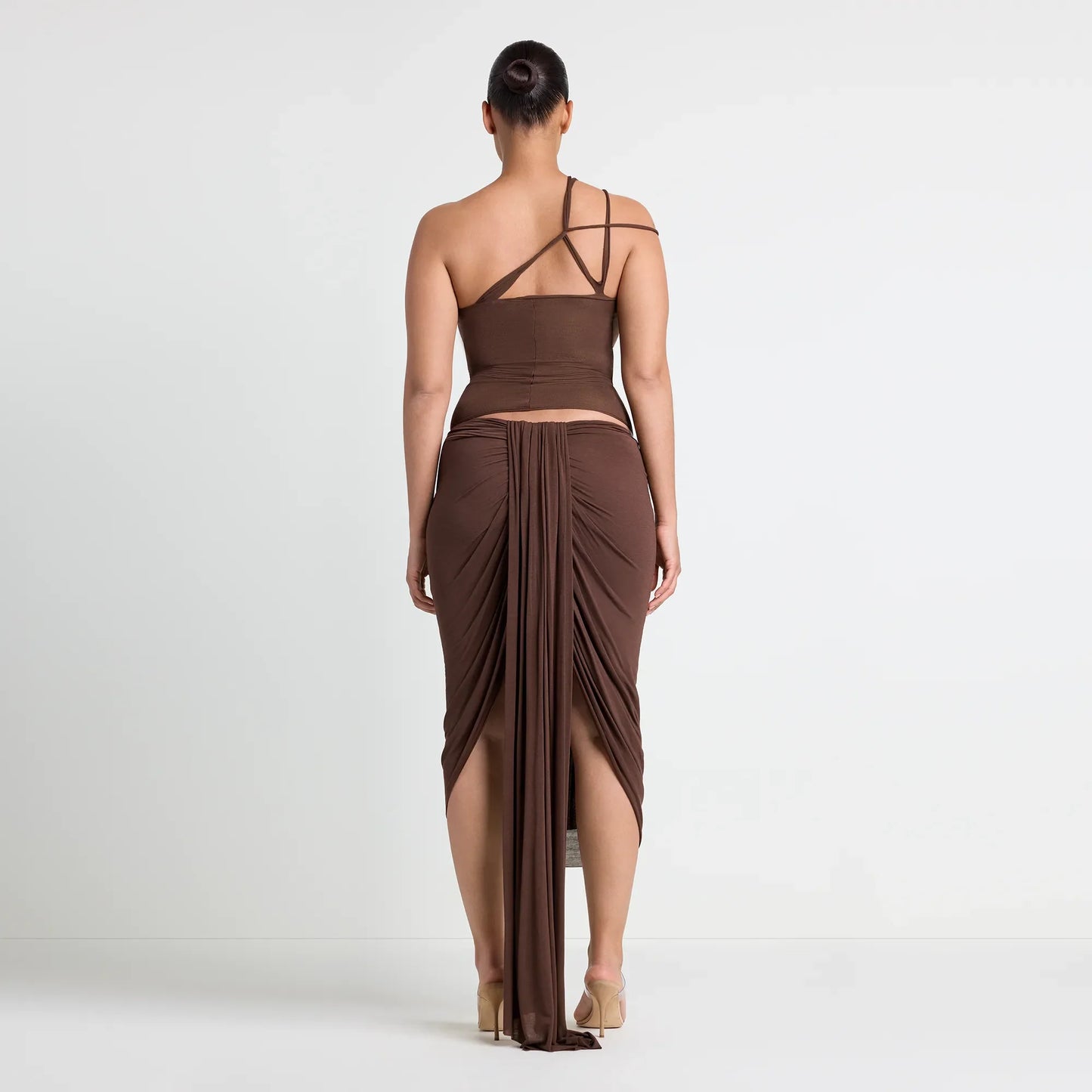VETTESE X SKIMS SHEER MODAL DRAPED MIDI SKIRT | COCOA