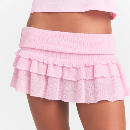 SHEER KNIT RUFFLE MINI SKIRT | PEONY