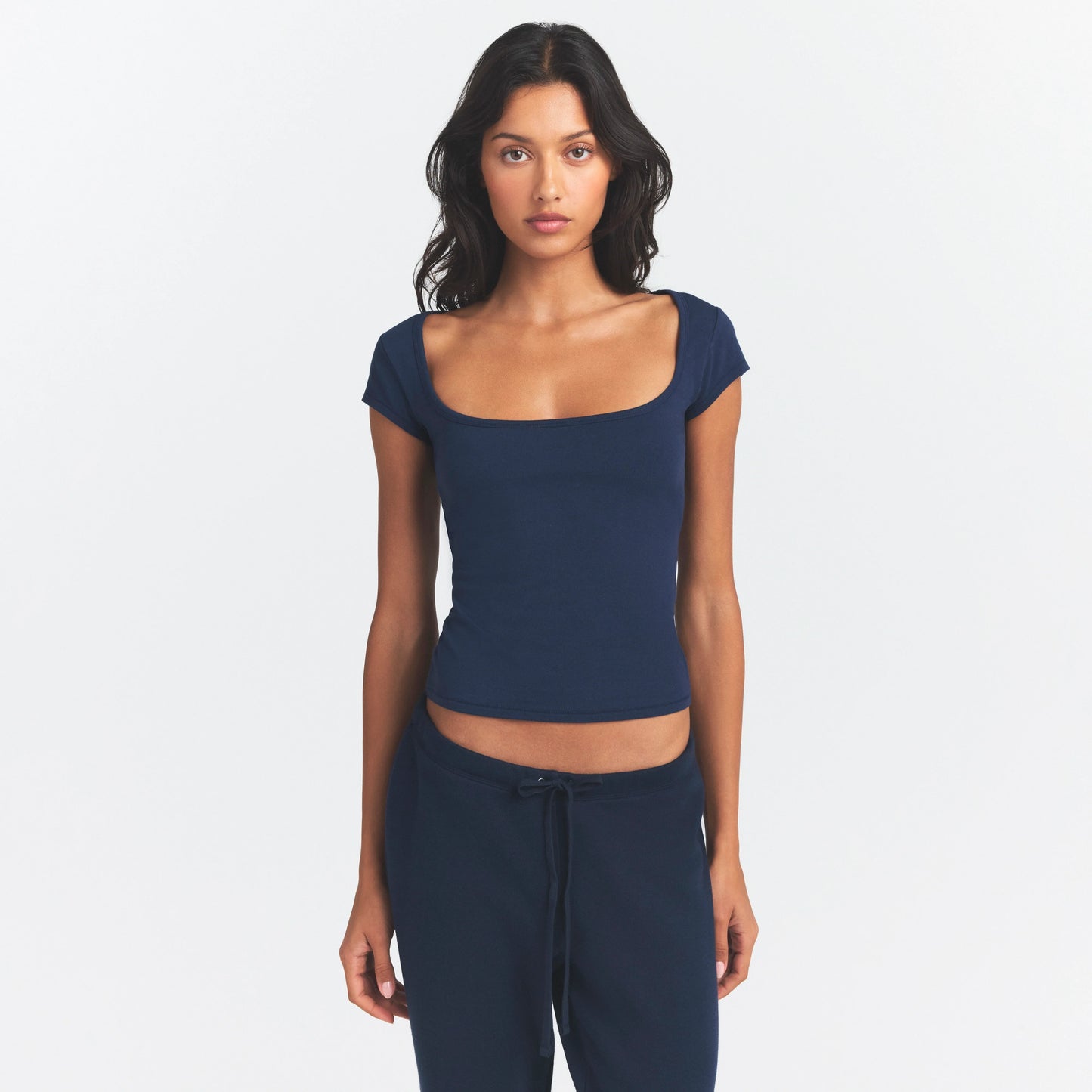 COTTON JERSEY SCOOP NECK T-SHIRT | NAVY