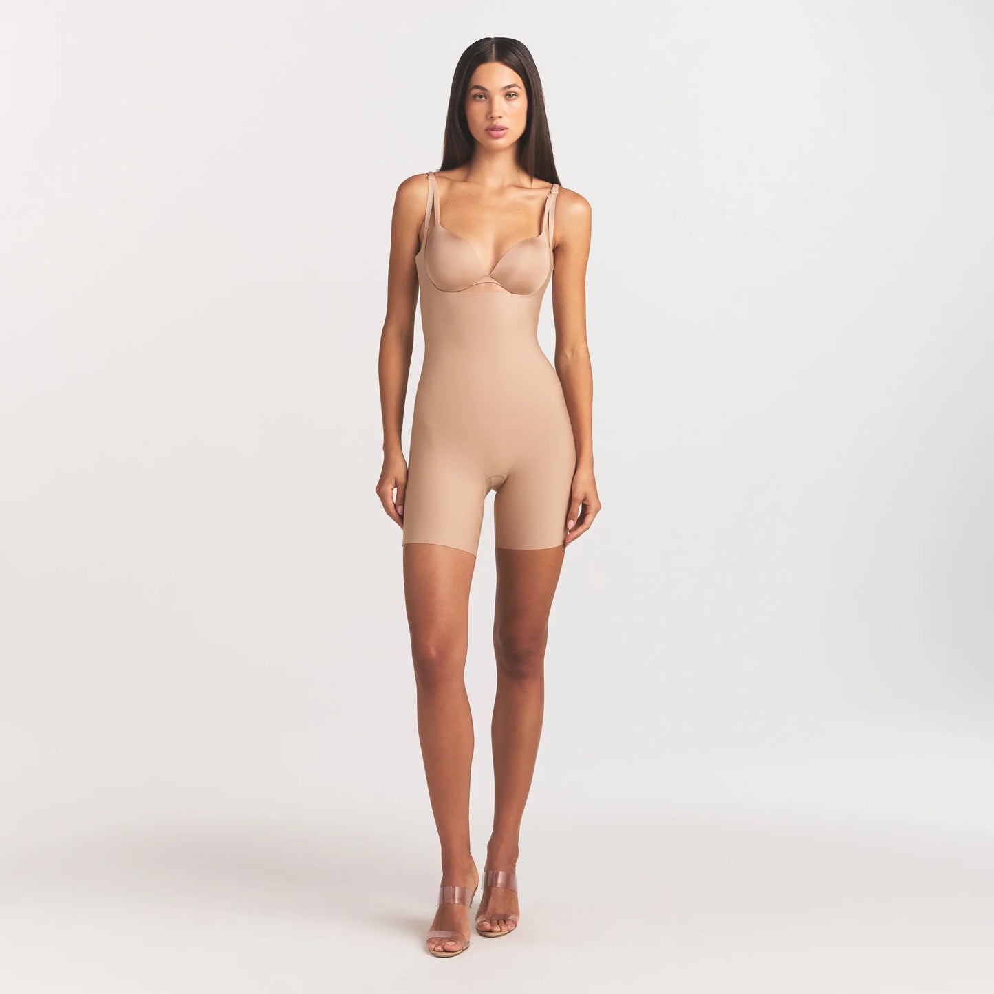 SKIMS BODY CORE SCULPT BACK SMOOTHING OPEN BUST MID THIGH BODYSUIT | CLAY