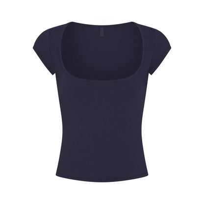 COTTON JERSEY SCOOP NECK T-SHIRT | NAVY