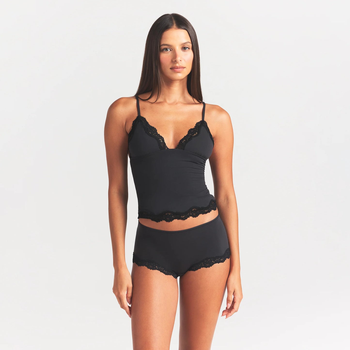 FITS EVERYBODY LACE TRIANGLE CAMI AND BOY SHORT SET | ONYX