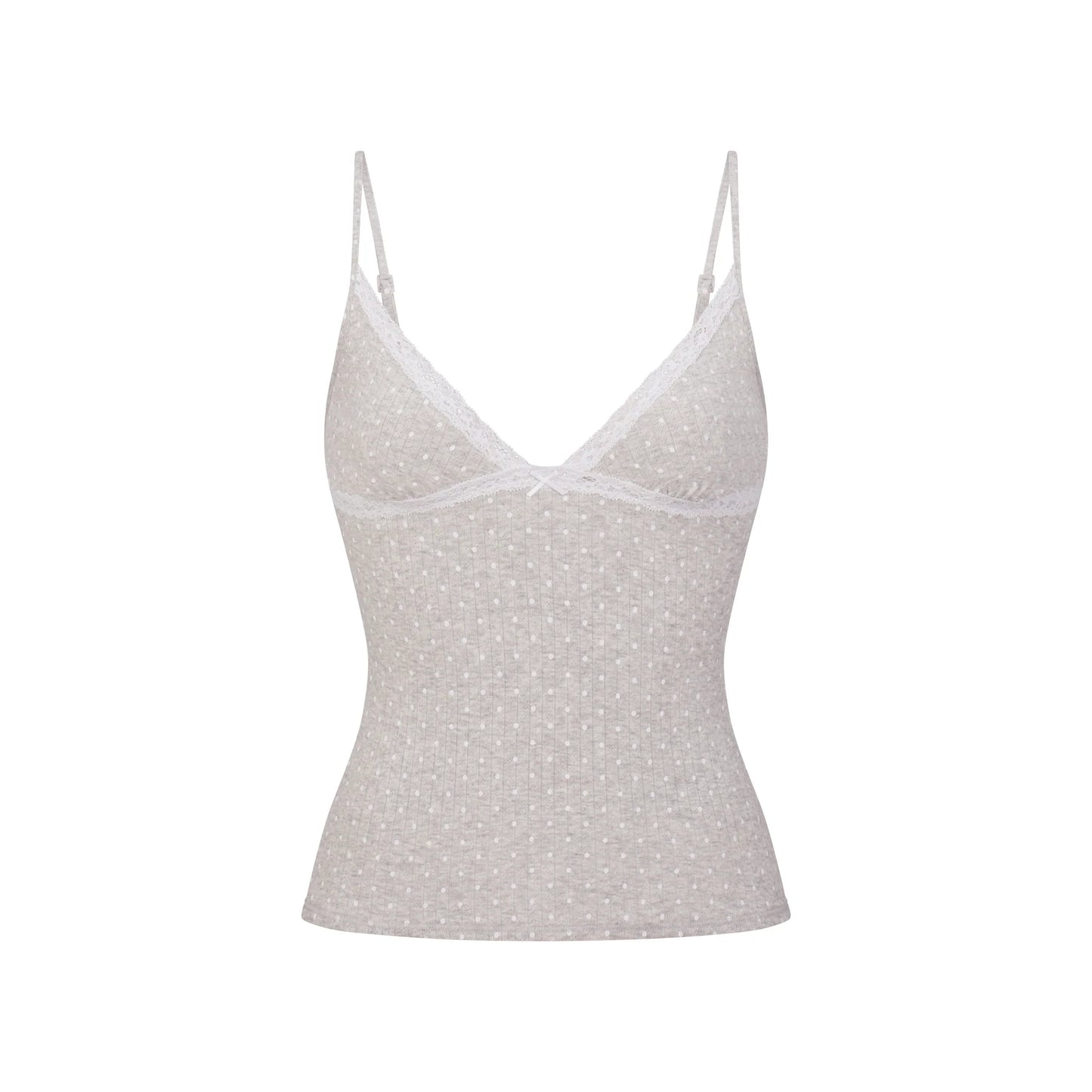 LIGHTWEIGHT COTTON POINTELLE LACE CAMI AND BOY SHORT SET | LIGHT HEATHER GREY PIN DOT