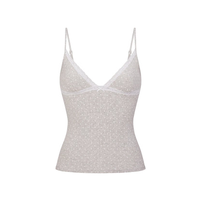 LIGHTWEIGHT COTTON POINTELLE LACE CAMI AND BOY SHORT SET | LIGHT HEATHER GREY PIN DOT