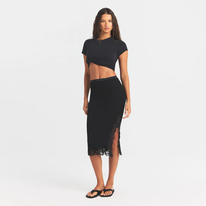 RIB KNIT LACE MIDI SKIRT | OBSIDIAN