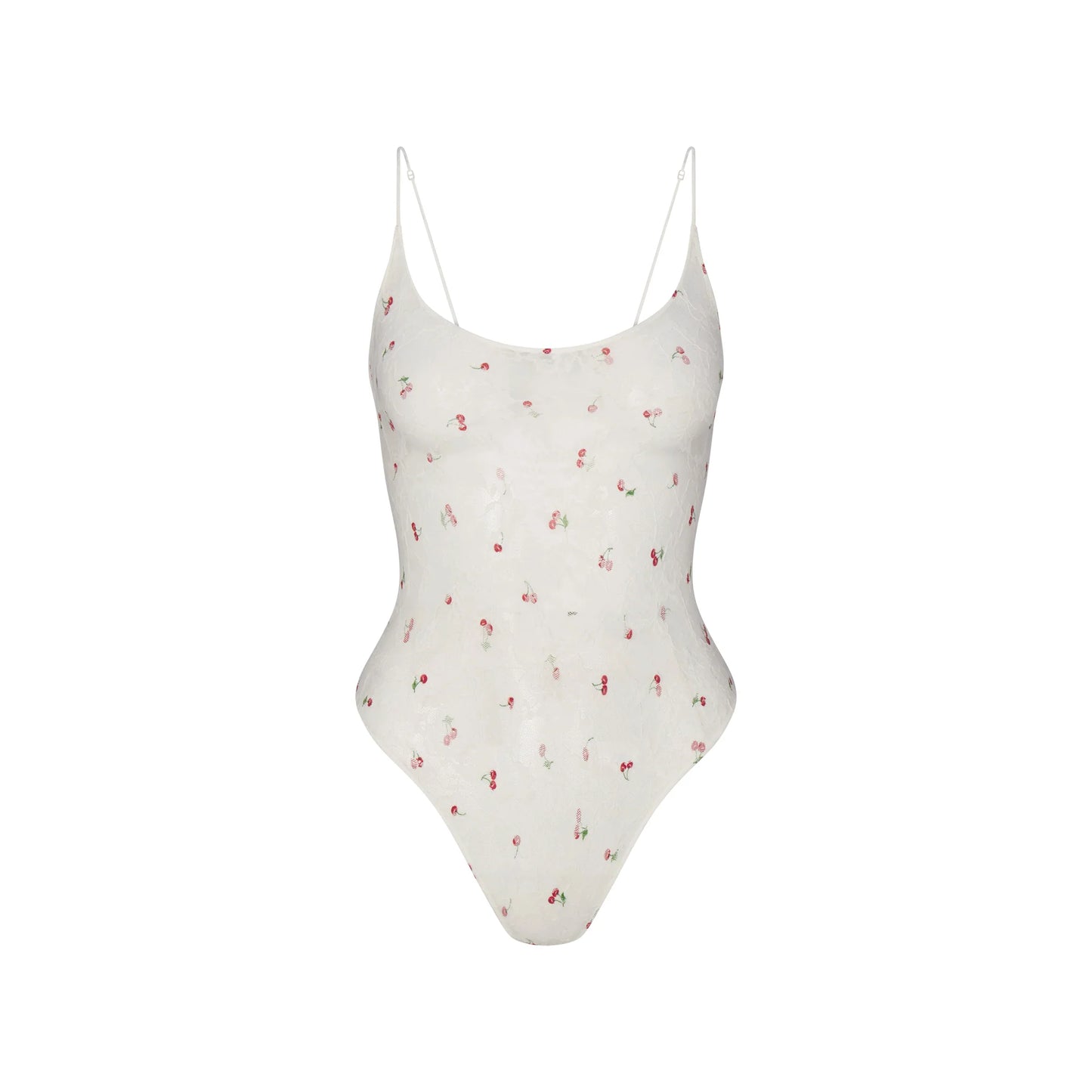STRETCH LACE SCOOP NECK BODYSUIT | IVORY CHERRY PRINT
