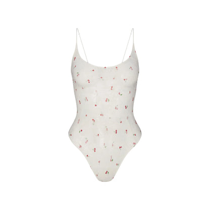 STRETCH LACE SCOOP NECK BODYSUIT | IVORY CHERRY PRINT