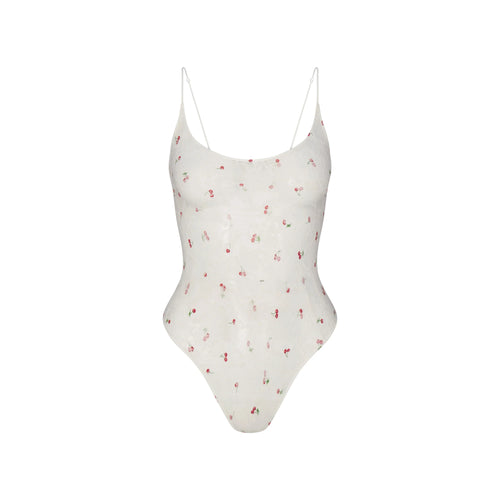 STRETCH LACE SCOOP NECK BODYSUIT | IVORY CHERRY PRINT