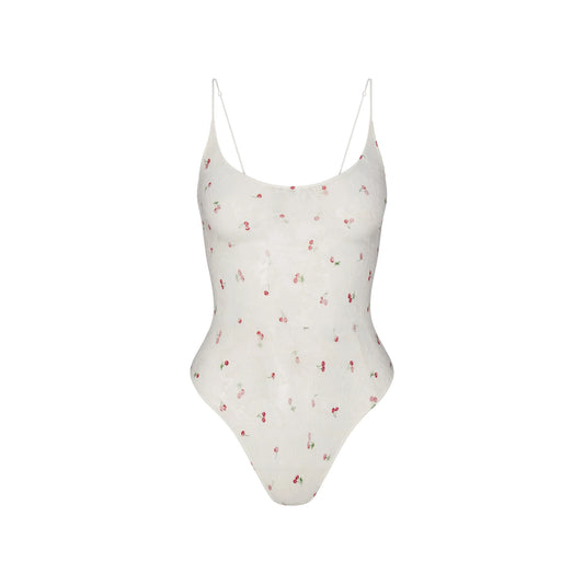 STRETCH LACE SCOOP NECK BODYSUIT | IVORY CHERRY PRINT