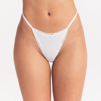 LIGHTWEIGHT COTTON POINTELLE LACE STRING THONG | SNOW PEONY PIN DOT