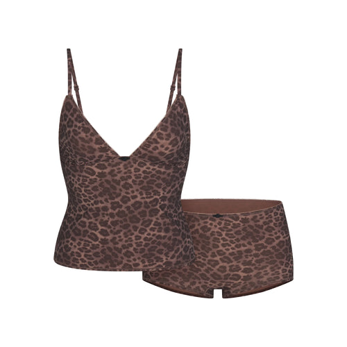 FITS EVERYBODY PICOT CAMI AND BOY SHORT SET | UMBER LEOPARD PRINT