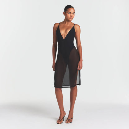 SKIMS BODY MESH PLUNGE MIDI DRESS | ONYX