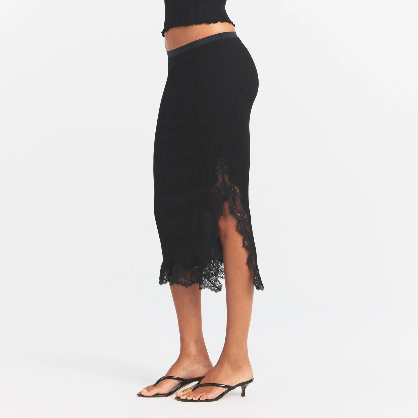 RIB KNIT LACE MIDI SKIRT | OBSIDIAN