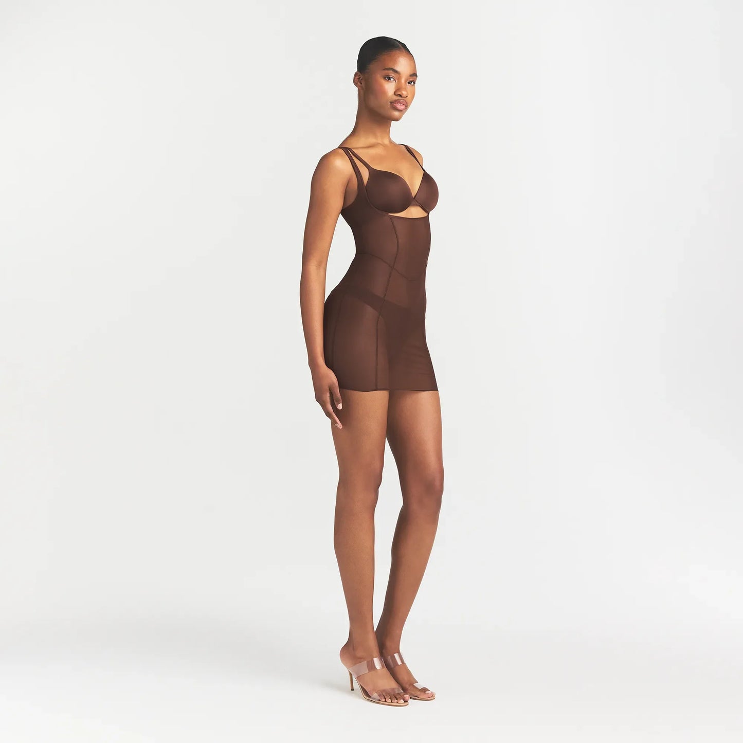 POWER MESH SHAPEWEAR OPEN BUST SLIP DRESS | COCOA
