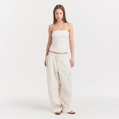 WOVEN COTTON OVERSIZED LOW RISE CARGO PANT | EGRET