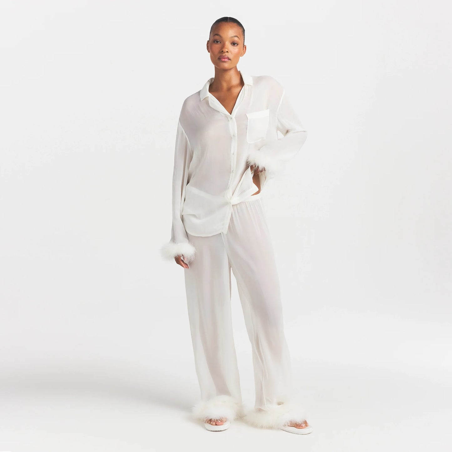 BRIDAL SLEEP FEATHER TRIM LONG SET | IVORY