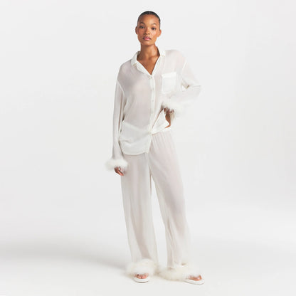 BRIDAL SLEEP FEATHER TRIM LONG SET | IVORY