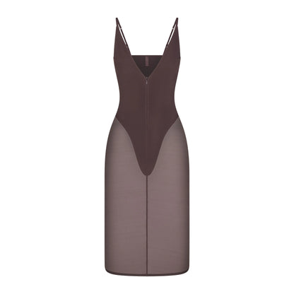 SKIMS BODY MESH PLUNGE MIDI DRESS | RAISIN