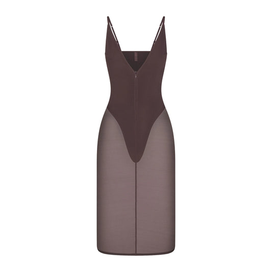 SKIMS BODY MESH PLUNGE MIDI DRESS | RAISIN