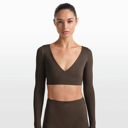 NikeSKIMS MATTE WRAP LONG SLEEVE CROPPED TOP | DARK SEPIA