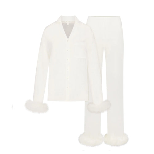 BRIDAL SLEEP FEATHER TRIM LONG SET | IVORY
