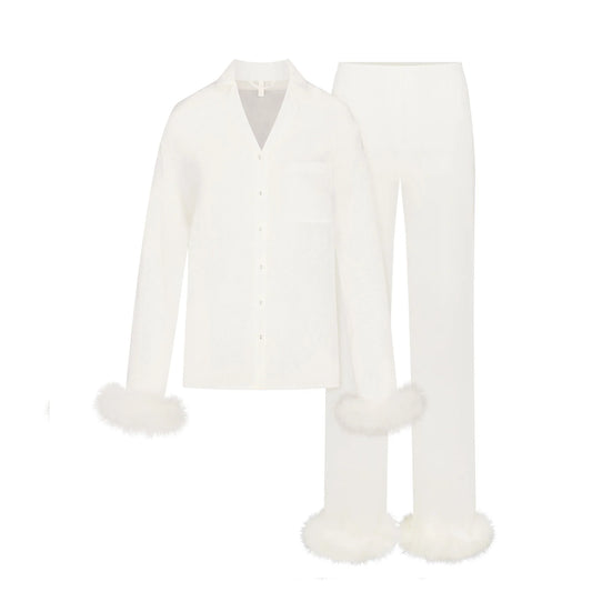 BRIDAL SLEEP FEATHER TRIM LONG SET | IVORY