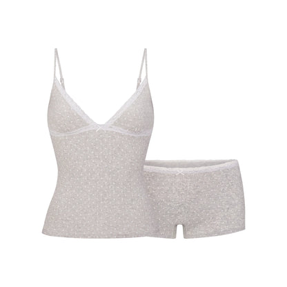 LIGHTWEIGHT COTTON POINTELLE LACE CAMI AND BOY SHORT SET | LIGHT HEATHER GREY PIN DOT