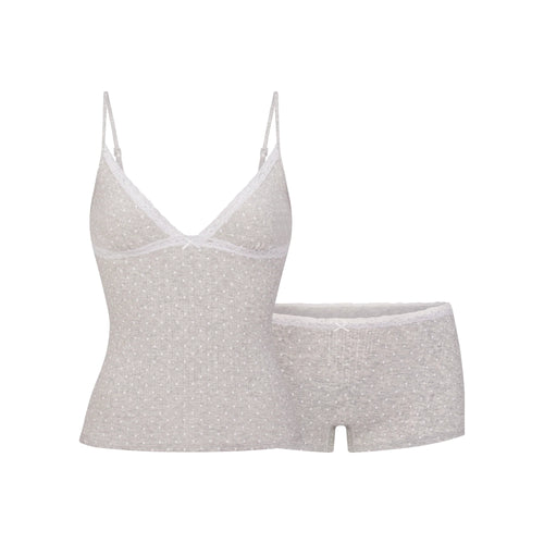 LIGHTWEIGHT COTTON POINTELLE LACE CAMI AND BOY SHORT SET | LIGHT HEATHER GREY PIN DOT