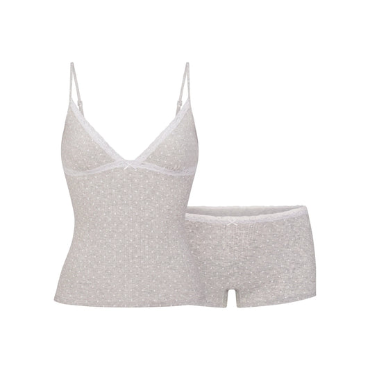 LIGHTWEIGHT COTTON POINTELLE LACE CAMI AND BOY SHORT SET | LIGHT HEATHER GREY PIN DOT