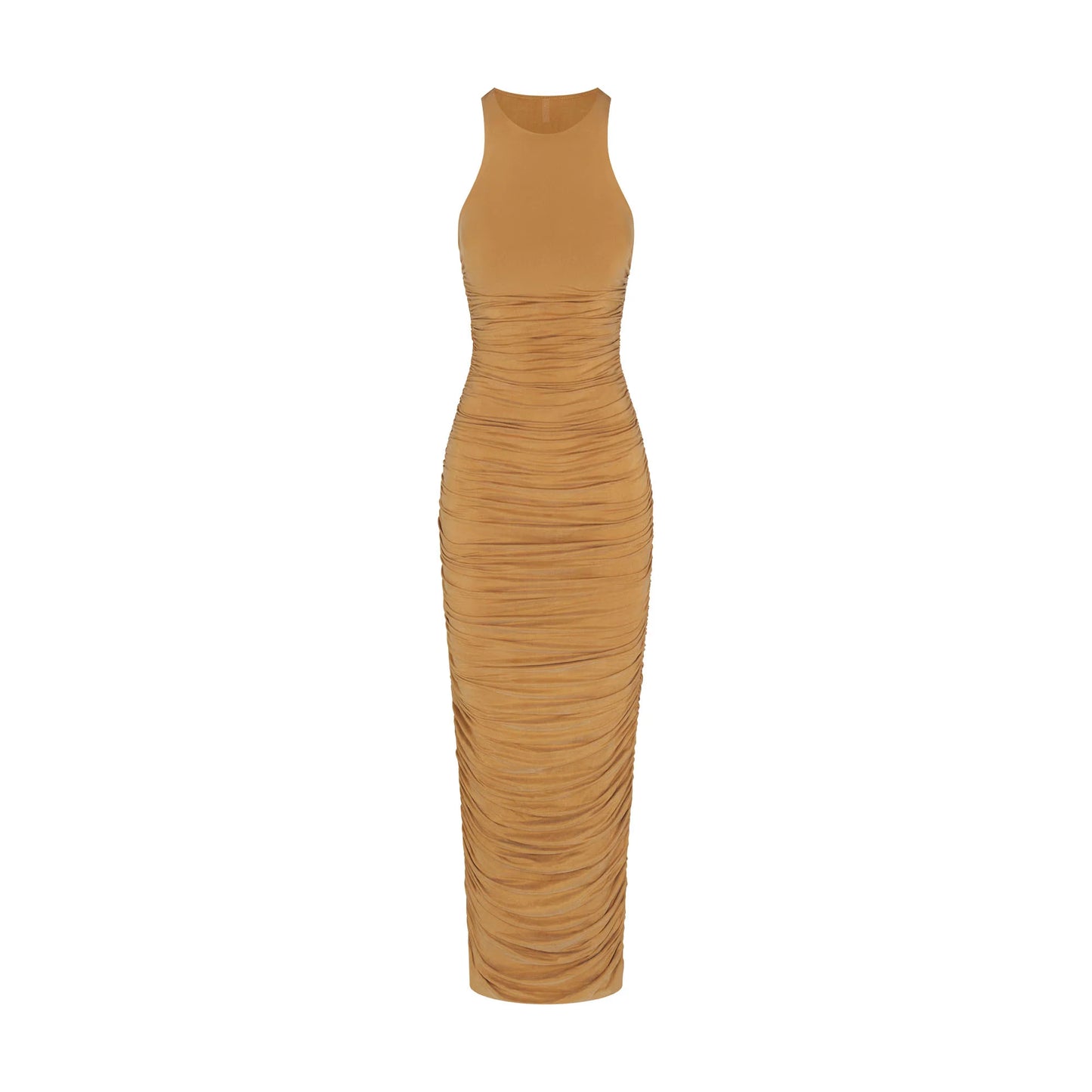 CUPRO JERSEY RUCHED LONG DRESS | ALMOND