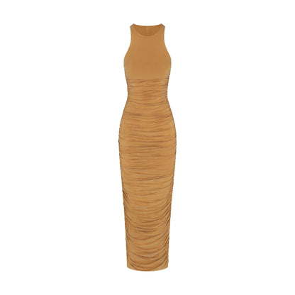 CUPRO JERSEY RUCHED LONG DRESS | ALMOND