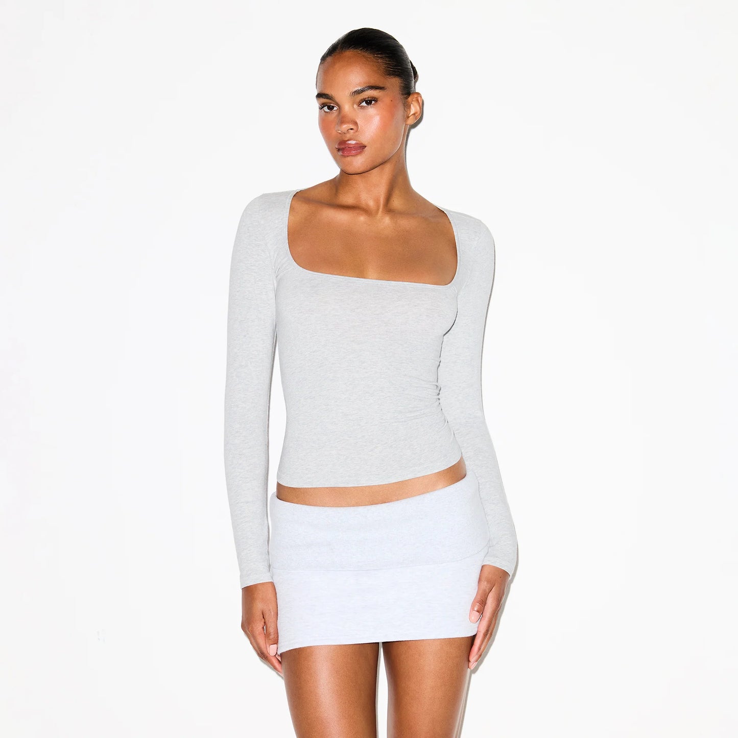 COTTON JERSEY SCOOP NECK LONG SLEEVE TOP | LIGHT HEATHER GREY