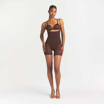 POWER MESH SHAPEWEAR CORE SCULPT OPEN BUST MID THIGH BODYSUIT | COCOA