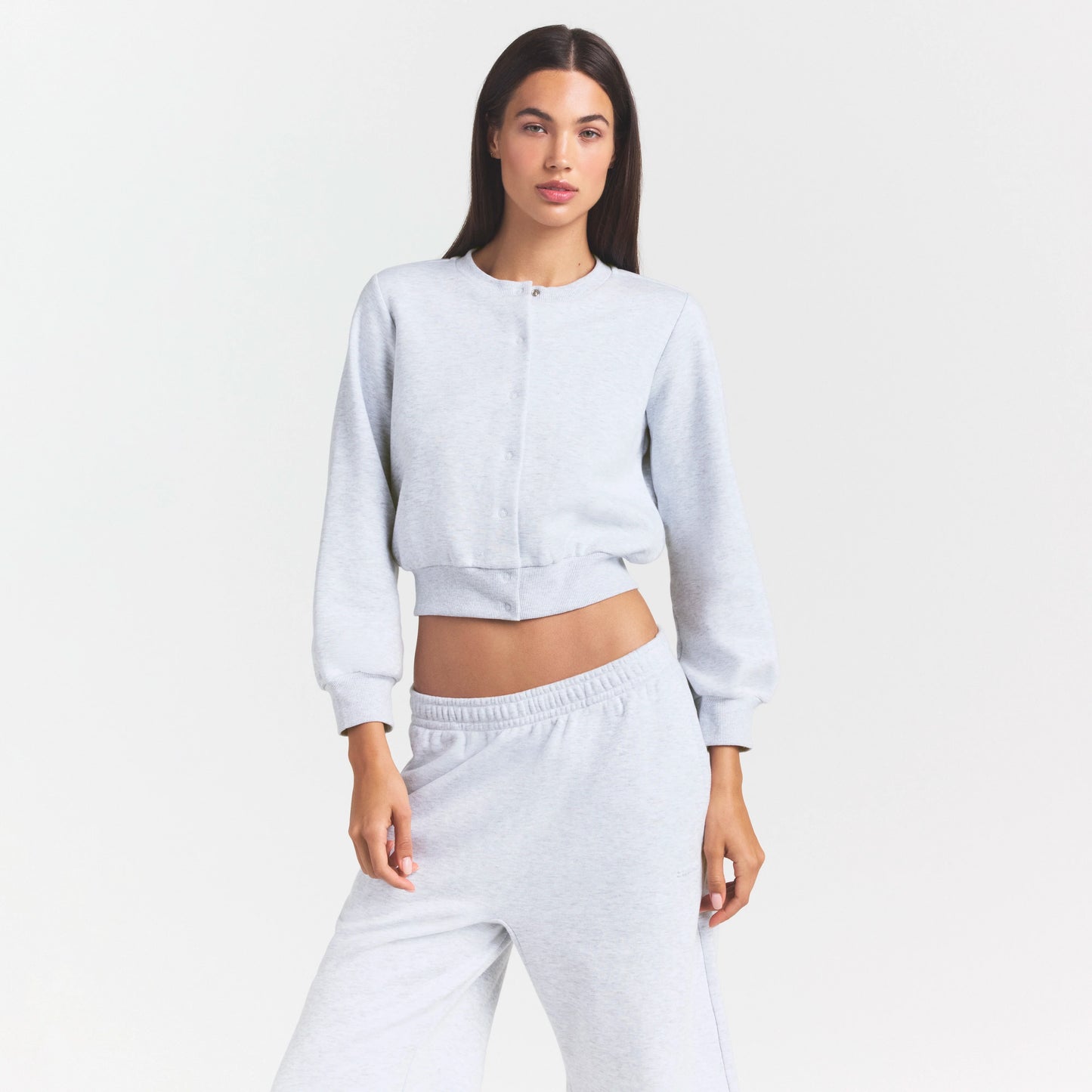 COTTON FLEECE SHRUNKEN CARDIGAN | LIGHT HEATHER GREY
