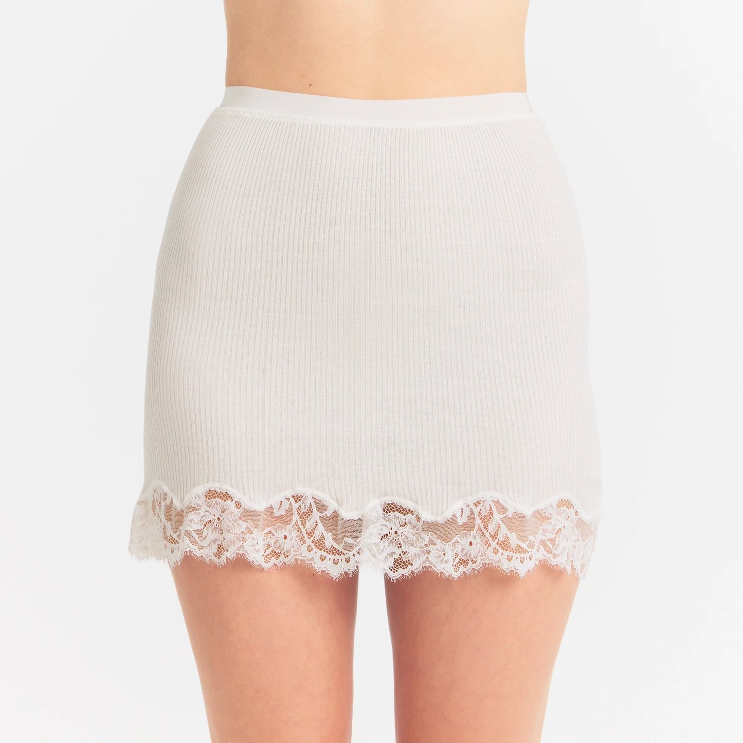 RIB KNIT LACE MINI SKIRT | EGRET