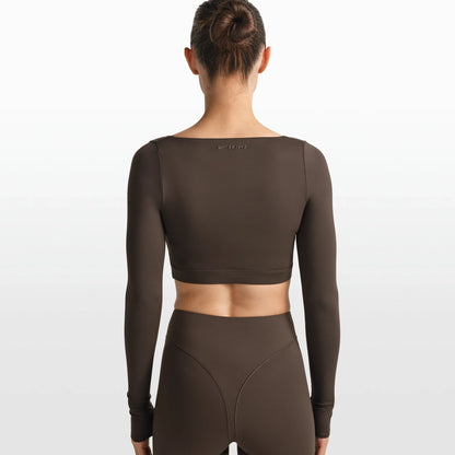 NikeSKIMS MATTE WRAP LONG SLEEVE CROPPED TOP | DARK SEPIA