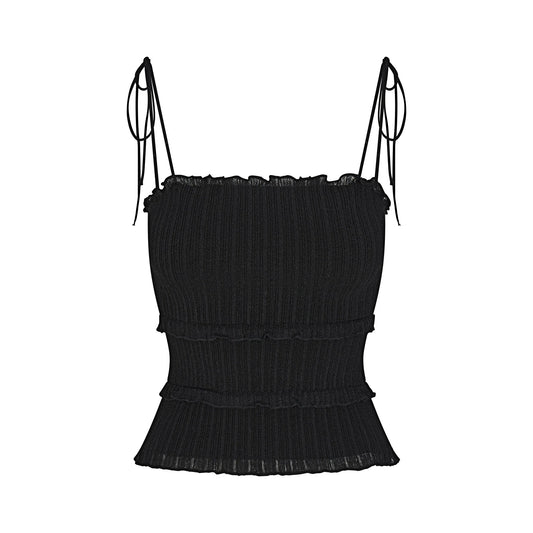 SHEER KNIT RUFFLE CAMI | ONYX