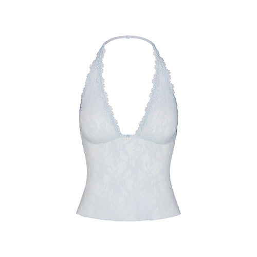 STRETCH LACE HALTER TOP | POWDER BLUE