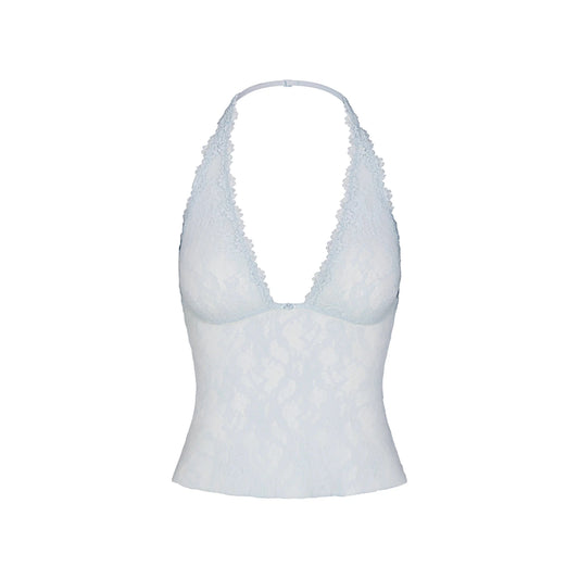 STRETCH LACE HALTER TOP | POWDER BLUE