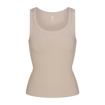 COTTON RIB SCOOP NECK TANK | STONE