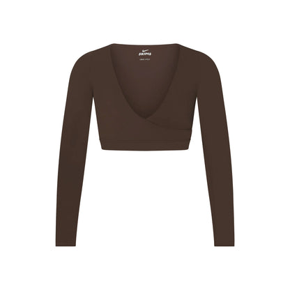 NikeSKIMS MATTE WRAP LONG SLEEVE CROPPED TOP | DARK SEPIA