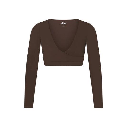 NikeSKIMS MATTE WRAP LONG SLEEVE CROPPED TOP | DARK SEPIA