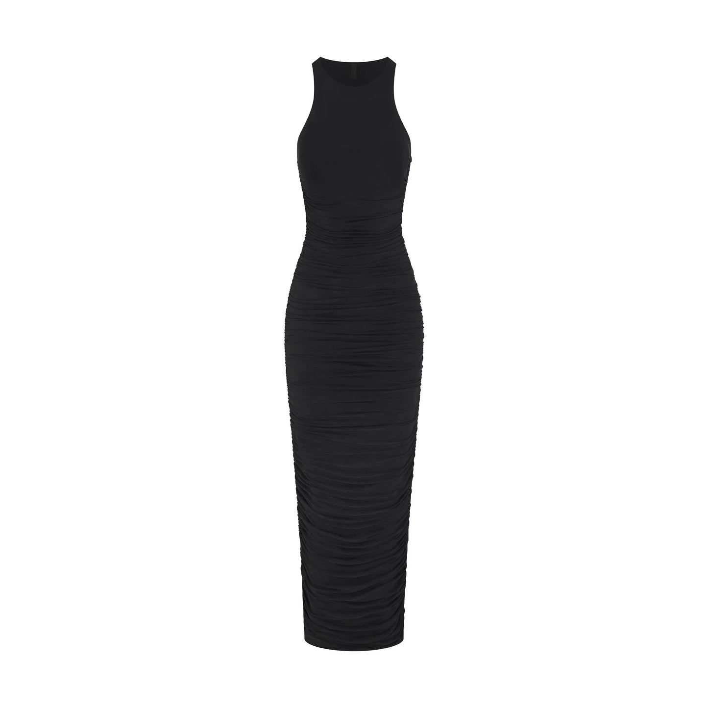 CUPRO JERSEY RUCHED LONG DRESS | OBSIDIAN