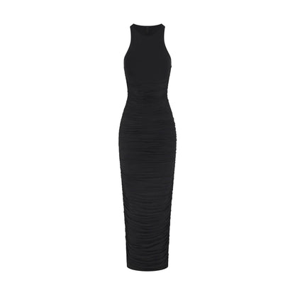 CUPRO JERSEY RUCHED LONG DRESS | OBSIDIAN