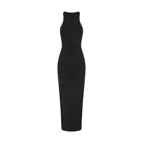 CUPRO JERSEY RUCHED LONG DRESS | OBSIDIAN