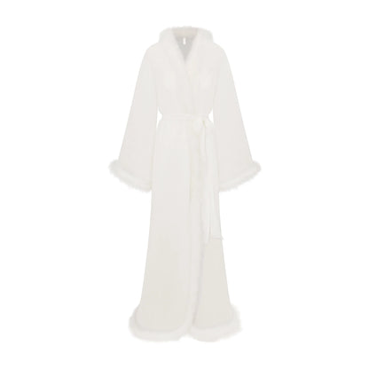 BRIDAL SLEEP FEATHER TRIM LONG ROBE | IVORY