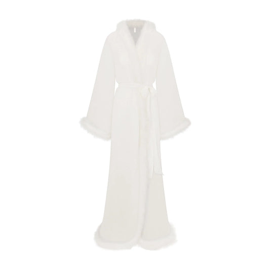 BRIDAL SLEEP FEATHER TRIM LONG ROBE | IVORY