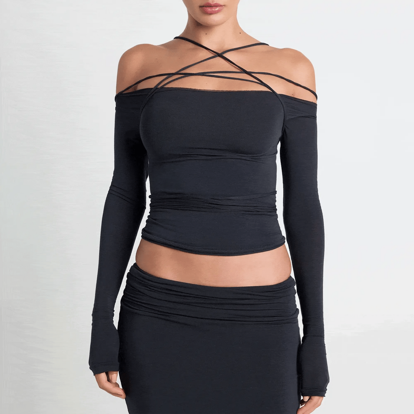 VETTESE X SKIMS SHEER MODAL OFF THE SHOULDER TOP | ONYX