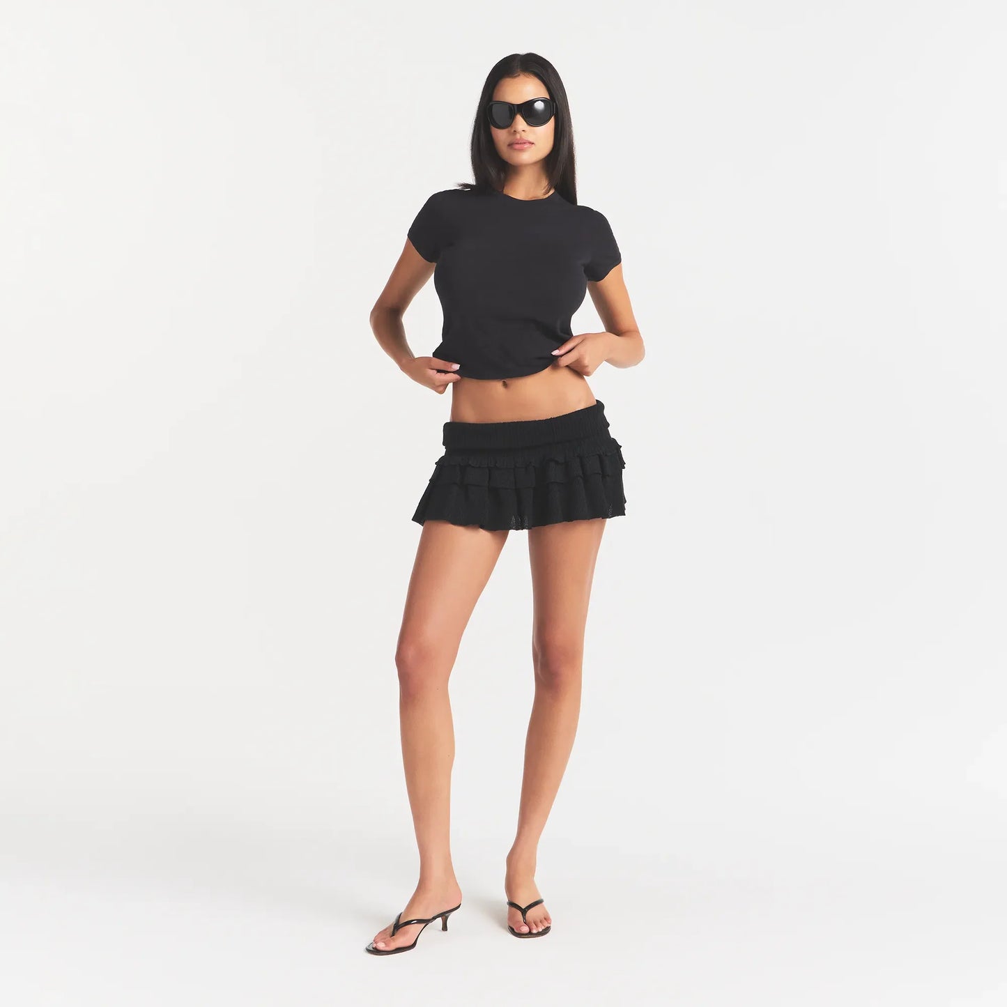 SHEER KNIT RUFFLE MINI SKIRT | ONYX