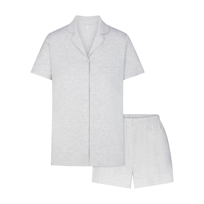 SKIMS SLEEP SHORT SLEEVE BUTTON UP SET | LIGHT HEATHER GREY